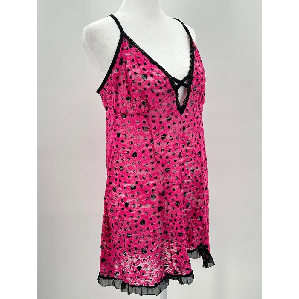Hot Pink Heart Print Sheer Lace Layering Slip Dress Chemise Coverup Size L
